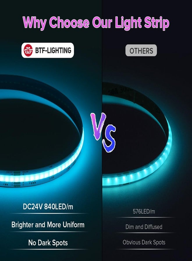 BTF-LIGHTING شريط إضاءة LED من نوع BTF-LIGHTING FCOB COB RGB، 840 مصباح LED/متر، طول 16.4 قدم، يعمل بجهد 24 فولت تيار مستمر، متغير اللون، مرن، عالي الكثافة، إضاءة موحدة، عرض 10 مم، مناسب لغرف النوم والديكورات الداخلية للمنزل (بدون محول أو وحدة تحكم). - Image 2